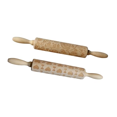 Lot de 2 Rouleaux à Pâtisserie en Bois Gravés Saint-Valentin, Motifs Rose et Cœur, Rouleaux à Pâte Sculptés pour Biscuits, Décorations Fondant et Pâtisserie Maison