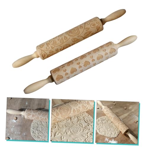Lot de 2 Rouleaux à Pâtisserie en Bois Gravés Saint-Valentin, Motifs Rose et Cœur, Rouleaux à Pâte Sculptés pour Biscuits, Décorations Fondant et Pâtisserie Maison