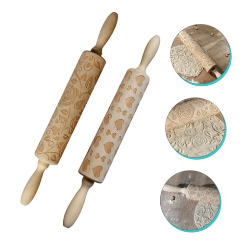 Lot de 2 Rouleaux à Pâtisserie en Bois Gravés Saint-Valentin, Motifs Rose et Cœur, Rouleaux à Pâte Sculptés pour Biscuits, Décorations Fondant et Pâtisserie Maison